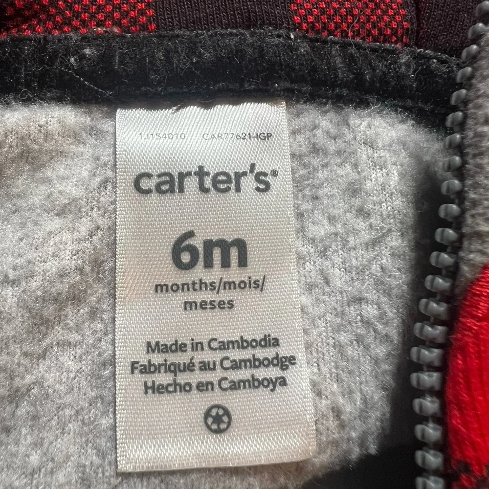 Carter's Girl's 6 Mos Grey With Red‎ Buffalo Plaid Heart Jacket With Lined Hood